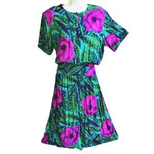 Vintage Caroline Wells Collections Dress Smocked Waist Flare Skirt Pads Floral L